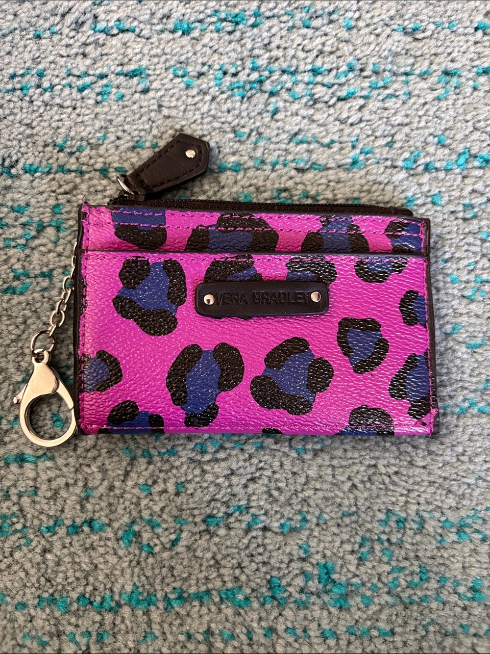 Vera Bradley Purple Cheetah Print Leather Coin Purse with Keychain Ring
